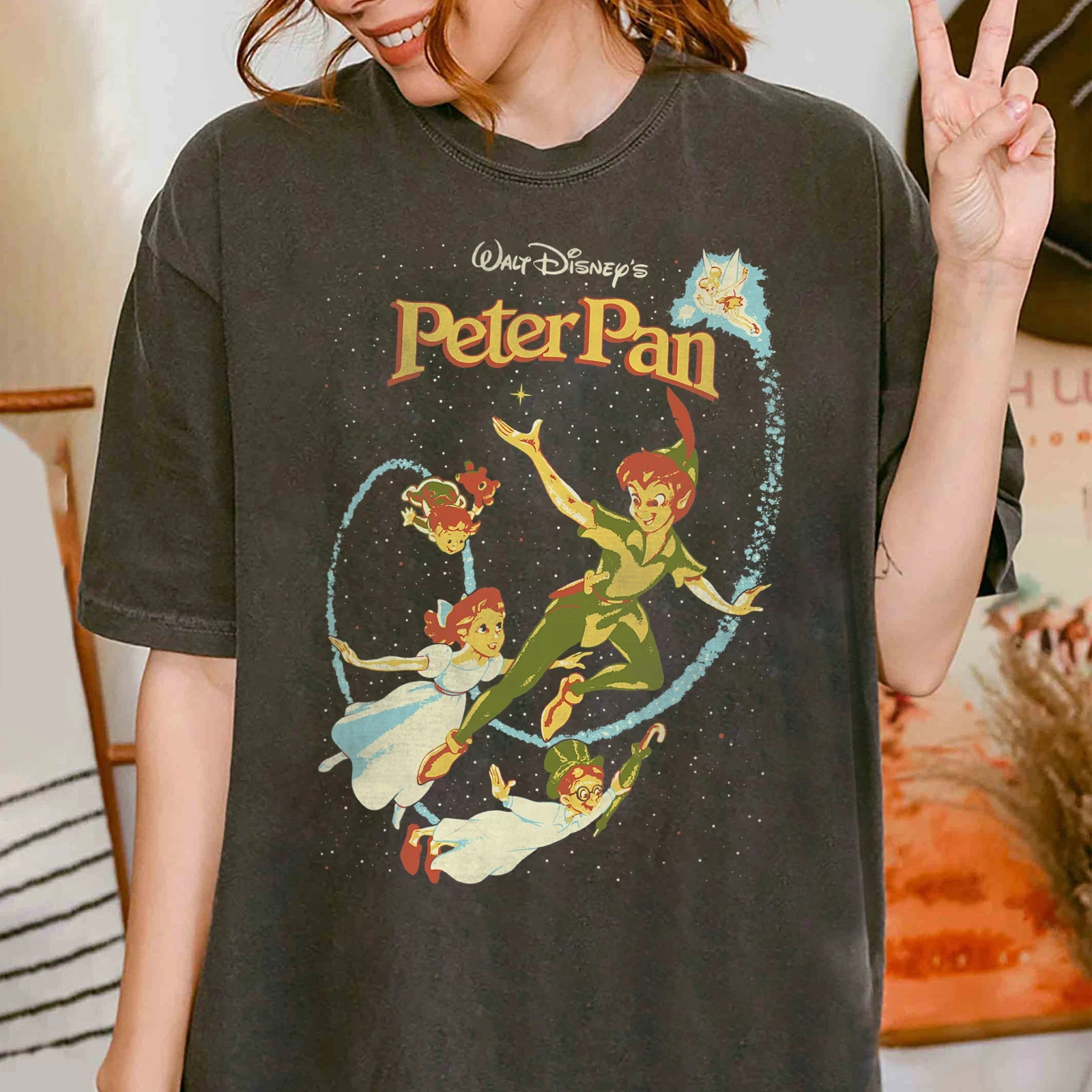 ديزني بيتر بان عزيزي الطيران خمر نمط للجنسين الكبار والأطفال تي شيرت القطن موضة الشارع الشهير تي شيرت y2k