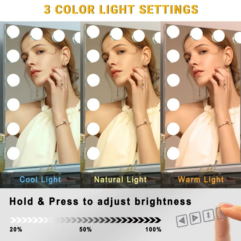 Hollywood Vanity Makeup Mirror 31.49''×22.83'' USB Port With Lights 18 LED Bulbs Wall Mount 3 Color Smart Control