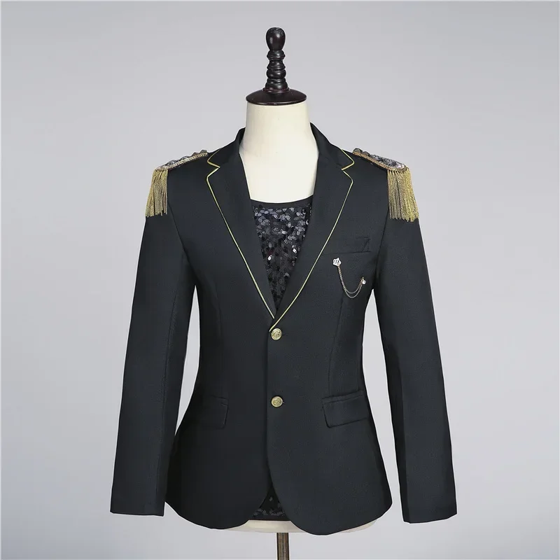 Men Singer Host Suit Korean Style Tassel Medal Warlord Blazer Pants 2 Piece Set Dancer Group Stage Performance Nightclub Costume