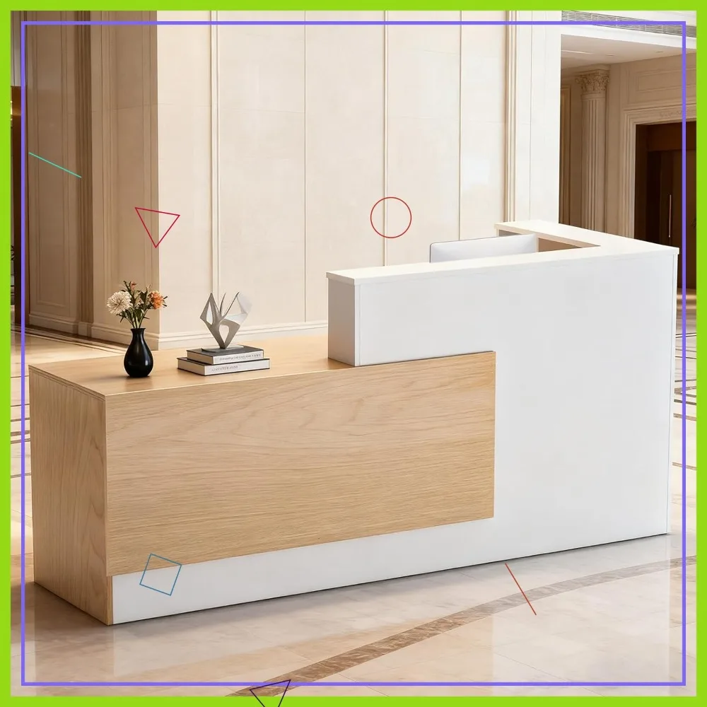 Moderner L-förmiger Empfangstresen mit abschließbaren Schubladen, Aufbewahrungs- und Tastaturablage für die Lobby im Büro (71"L)