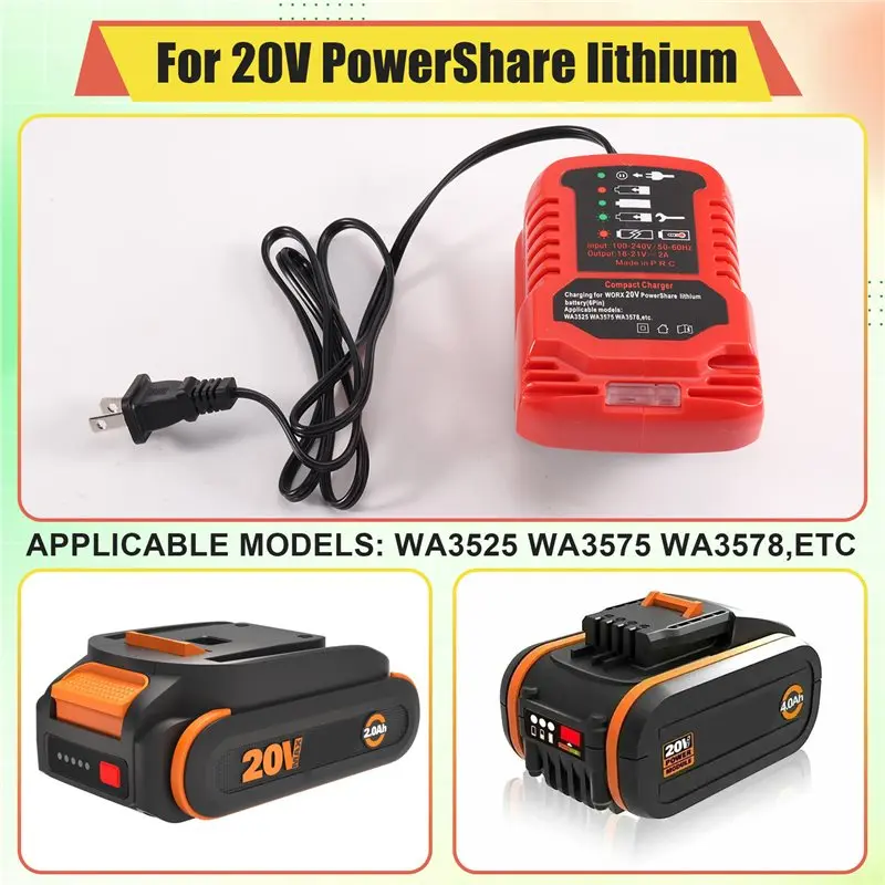 A55T US Plug 100V-240V Portable Li- Battery Mini Compact For WORX 20V Powershare Lithium Battery(6 Pin)