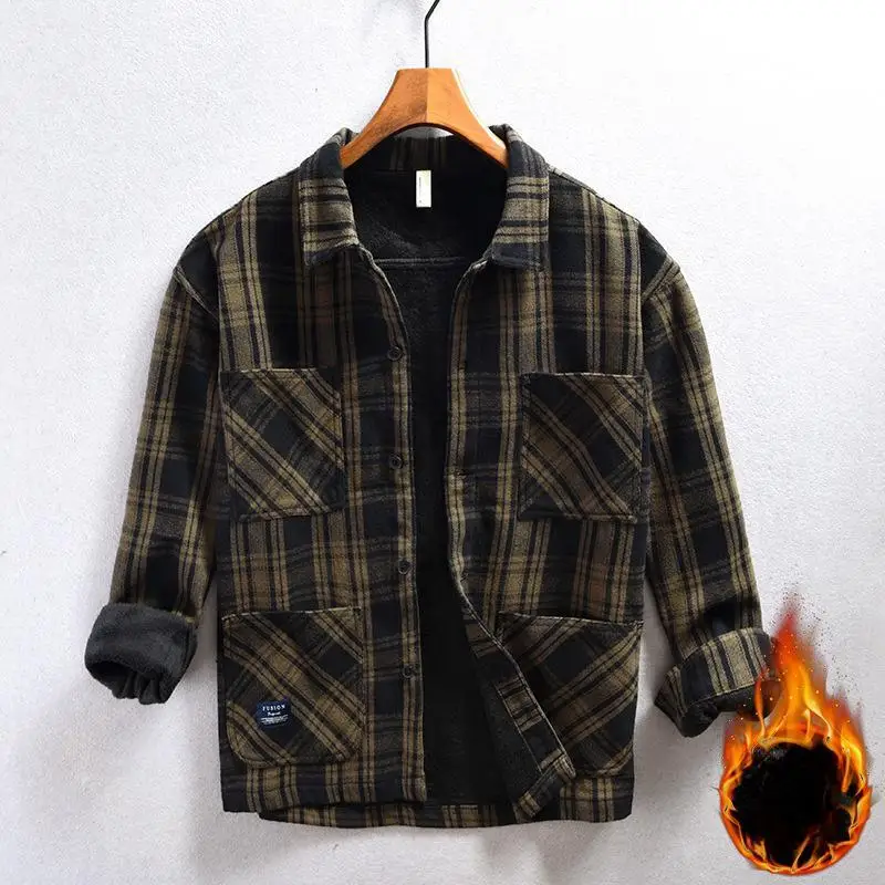 

Fashion Retro Autumn Winter New Men's Cotton Polyester Multiple Pockets Casual Plaid Shirts For Men Loose Thickened Clothes Tops