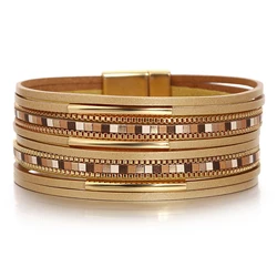 Amorcome Boho Vintage Plaid Pattern Metal Tube Charm Leather Bracelet for Women Summer Multilayer Wrap Bracelets Female Jewelry