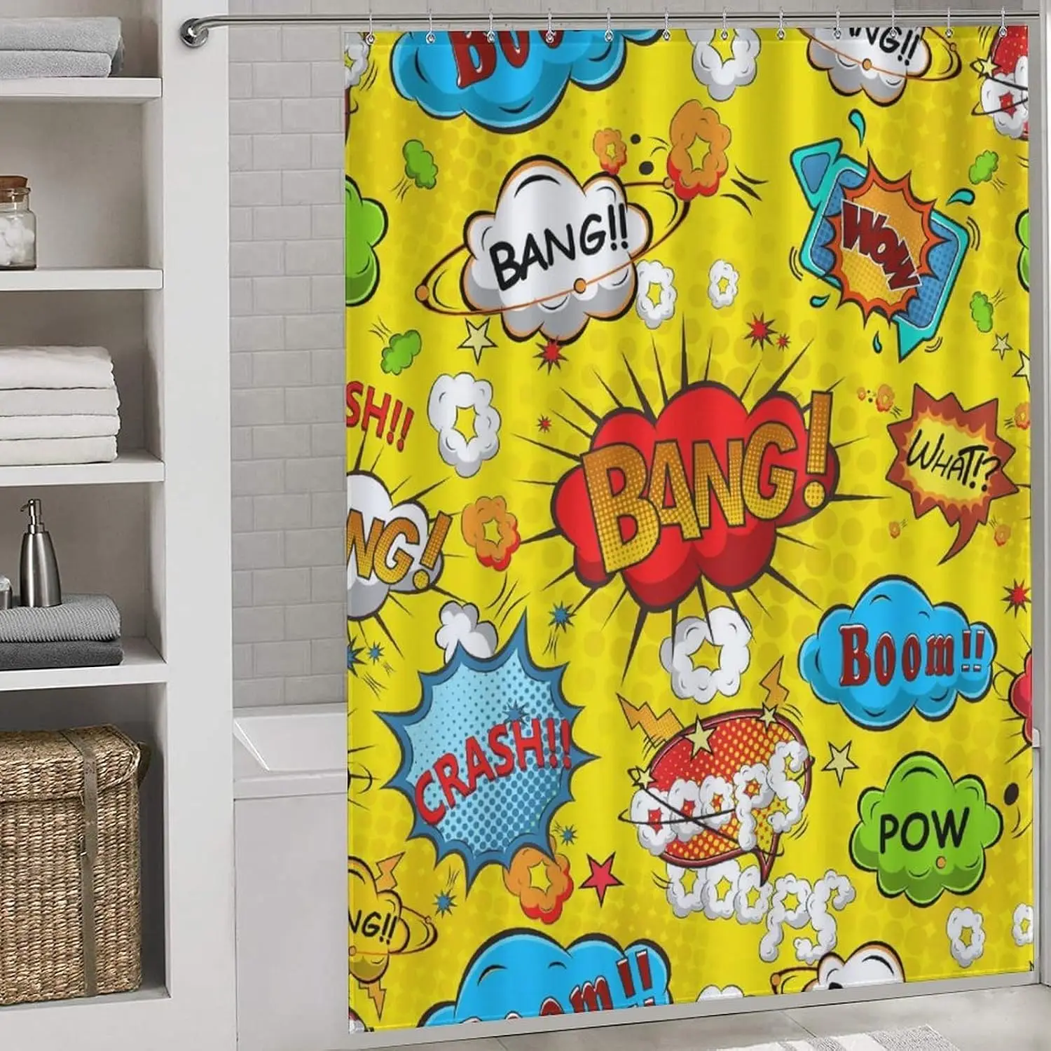 Pop Art Comic Book Shower Curtain Yellow Bathroom Novelty Waterproof Funny Superhero Print Shower Liner for Kids Room Decor