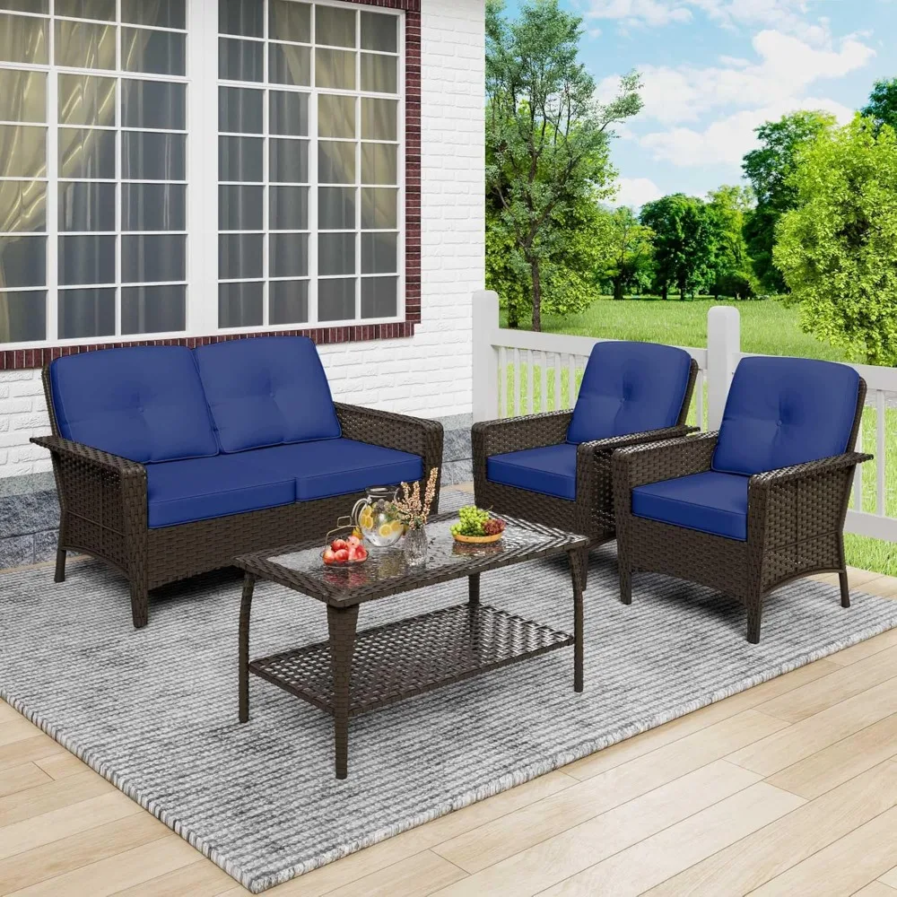 

Комплект садовой мебели из 4 предметов: двухместный диван из искусственного ротанга, 2 кресла с высокой спинкой и кофейный столик, всепогодный, на заказ