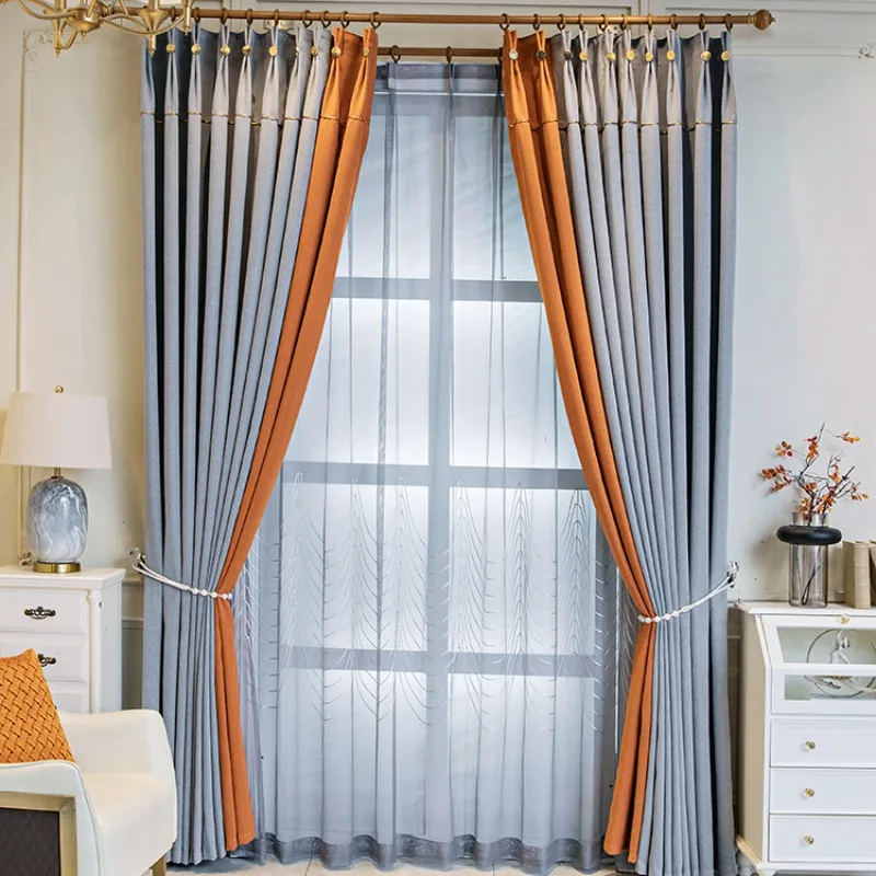 Simple Luxurious Color Matching Cotton Linen Living Room Black and White Gray Living Room Bedroom Bay Window Shading Curtains