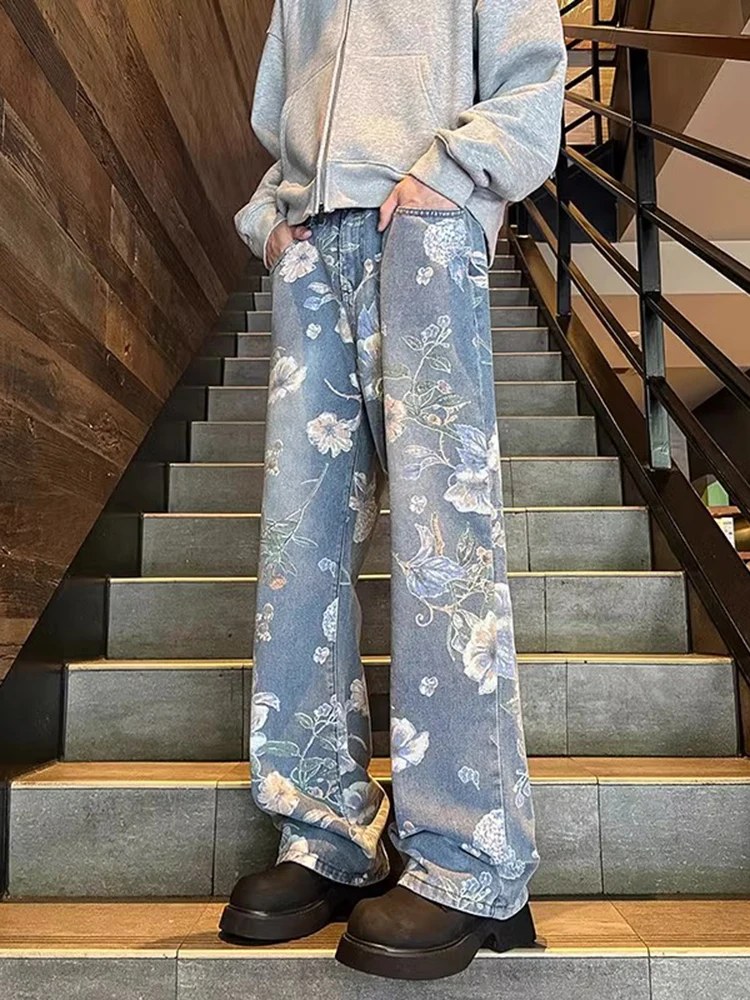 

Floral Print Men's Jeans Straight Leg Loose Fit American Style Spring Autumn High Street Vibe Long Pants Casual Wear