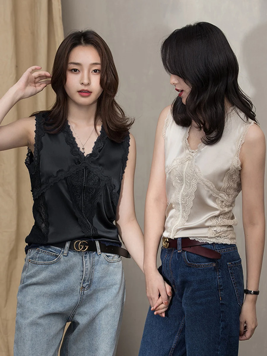 SuyaDream. Women Lace Tanks, Real Silk and Lace, V neck, Sleeveless Chic T Shirt, 2025 Solid Summer Vests, Black, White