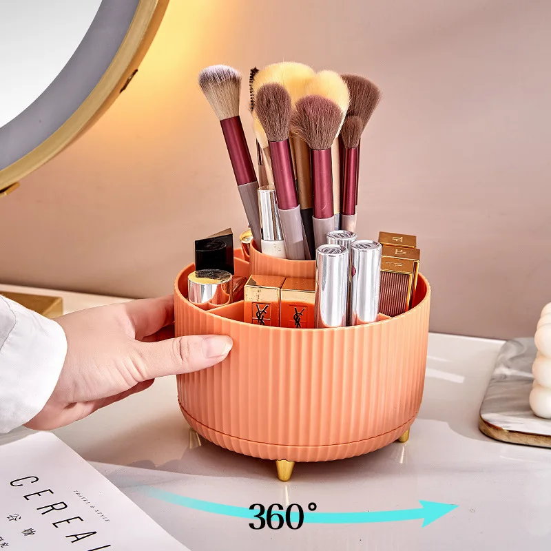 Rotating Home Makeup Vanity Red Lipstick Brush Storage Cylinder Luxury Large Capacity Desktop Cosmetic Organizer Pen Holder