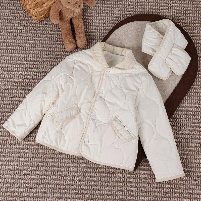 Children's Quilted Jacket Parkas With Scarf New Arrival Boys' & Girls' Long-Sleeve Fleece-Lined Warm Winter Coats Kids Clothes