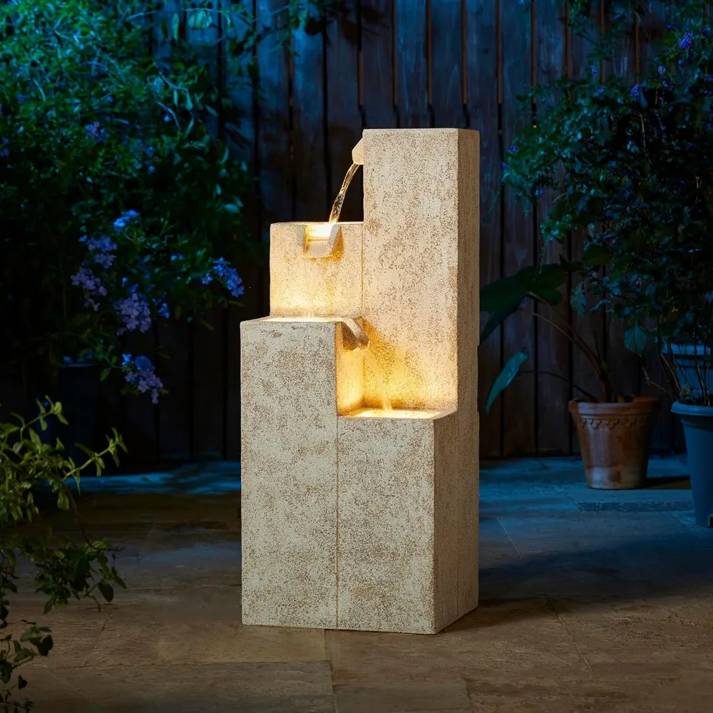 

34" H Outdoor Water Fountain with LED Light and Pump, 4-Tier Vintage Faux Terrazzo Geometric Square Column Polyresin Outdoor Fl