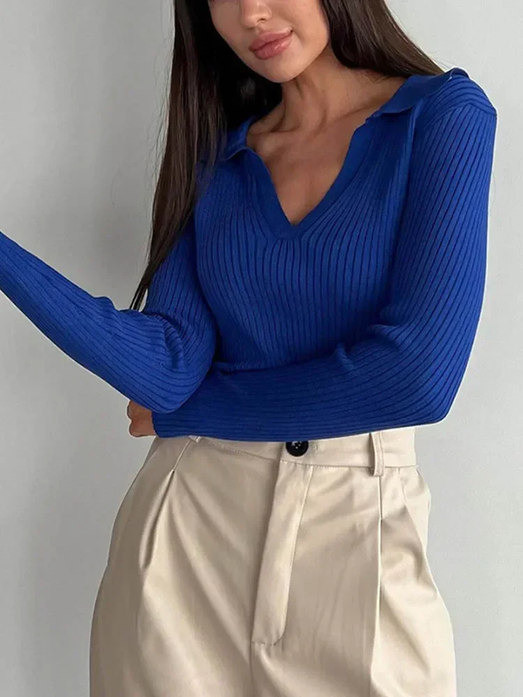 Women\'s Sweater Polo Collar Pullovers Long Sleeve Knitted Jumper Female Autumn Solid Color Slim Fashion Women Sweaters 2024