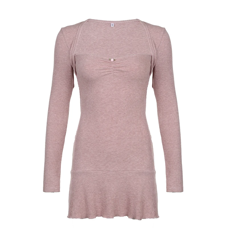 Darlingaga Korean Square Neck Pink Autumn Dress Women Sweet Fold Coquette Clothes Slim Basic Knit Mini Dress Elegant Stylish New