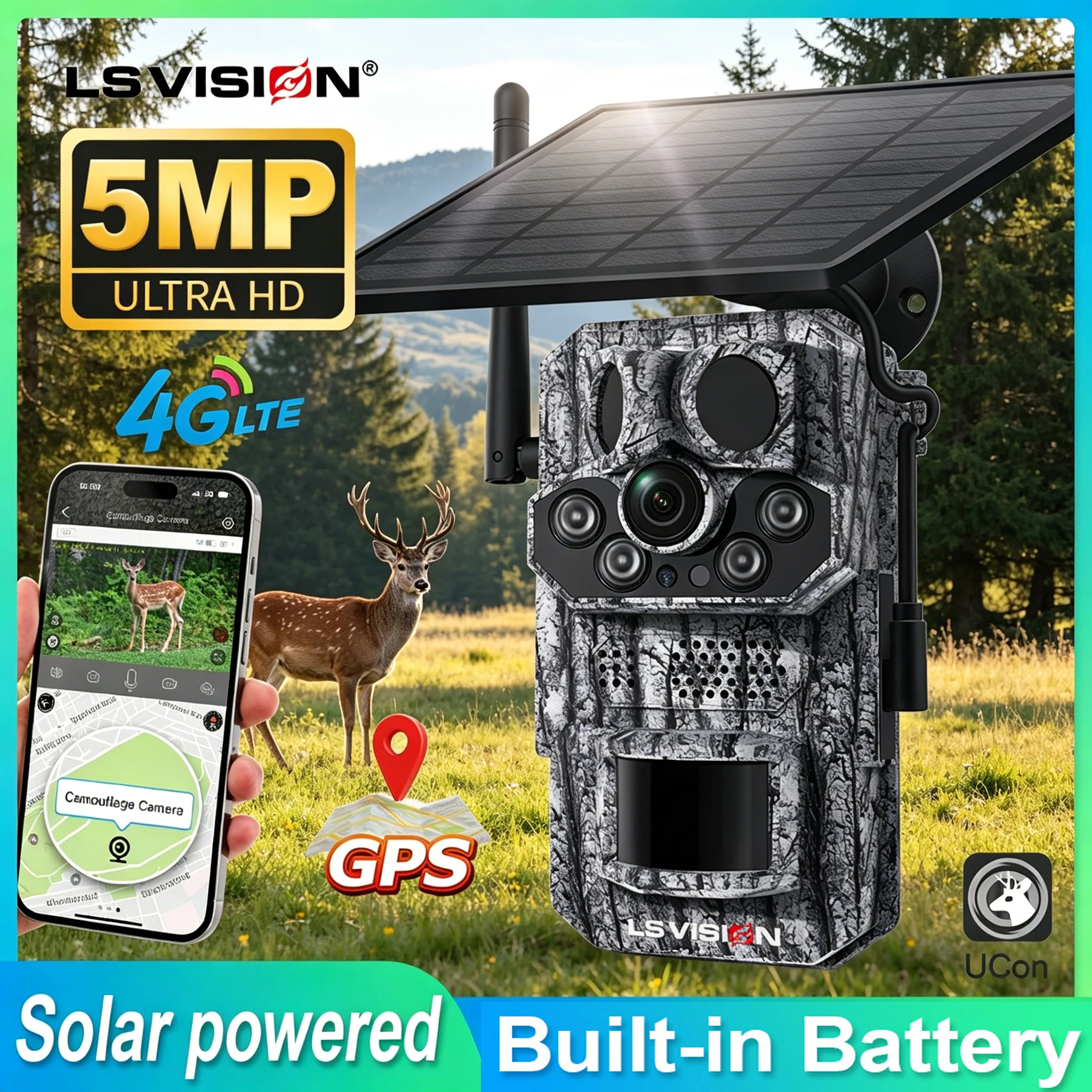 Caméra de chasse cellulaire 4G LTE LS VISION 12MP, caméra solaire, détection de mouvement PIR, temps de déclenchement de 0,2s, vision nocturne, caméra de chasse à la faune, vision nocturne intégrée, GPS,