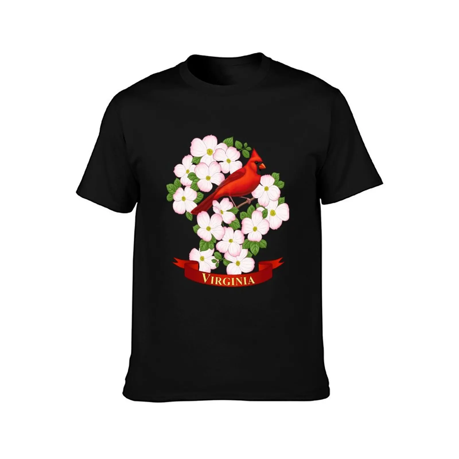 Virginia State Cardinal Bird and Dogwood Flower T-Shirt Basic Short Sleeve Cotton Blend T-Shirt
