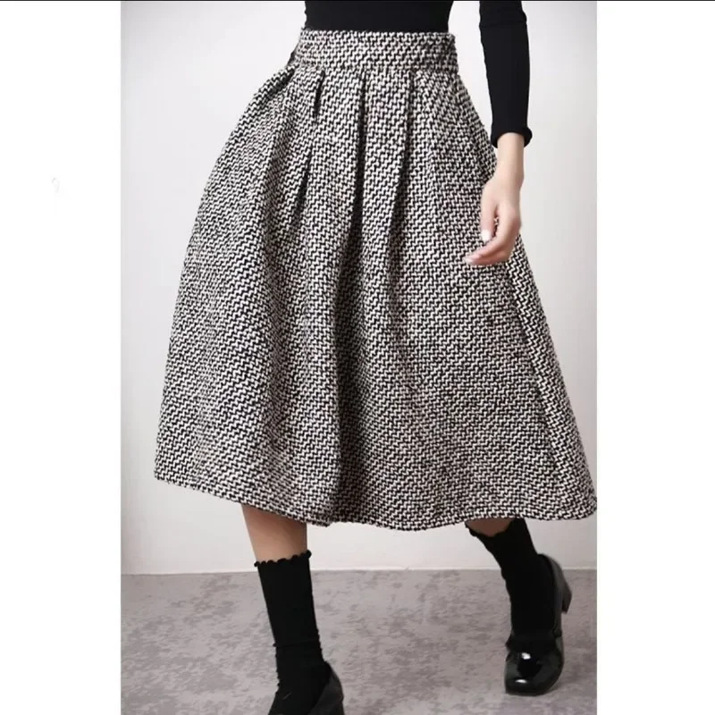 2025 New Autumn Winter Fashion Thousand Bird Checker Half Skirt Temperament Commuter Women's High Waist Poached