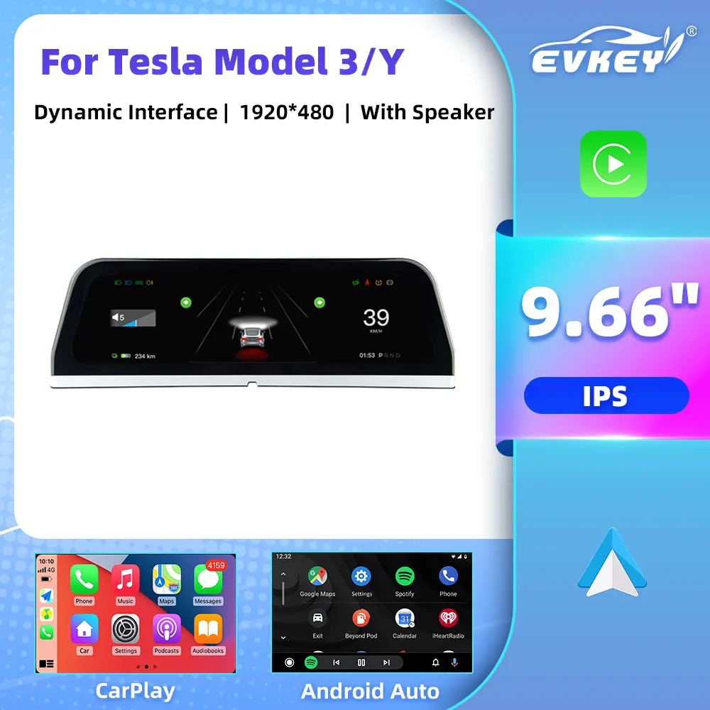 

EVKEY 9.66inch HUD for Tesla Model 3 Y Digital Dashboard Head Up Display Support Carplay Android Auto IPS Screen Display Speed