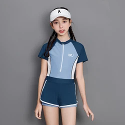 Girl One Piece Swimsuit Short Sleeve Pink Blue Solid 9-16 Years Teenager Girls Student Children Swimwear Beach Wear 2024 New