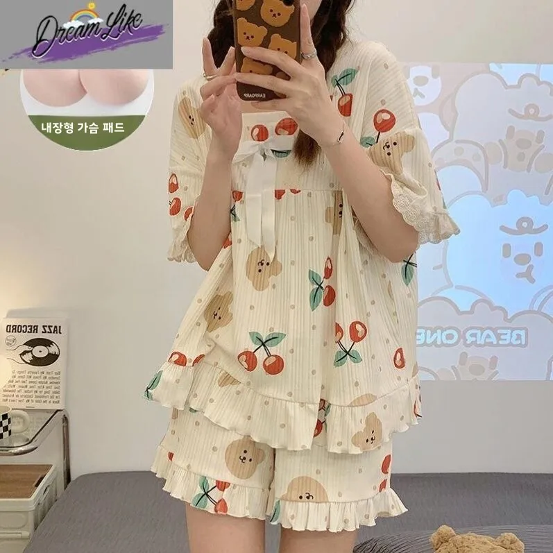 夏の女性用寝間着セット-胸パッド付き-ゆったりフィット-半袖-純綿-快適なホームウェア-高い美的価値