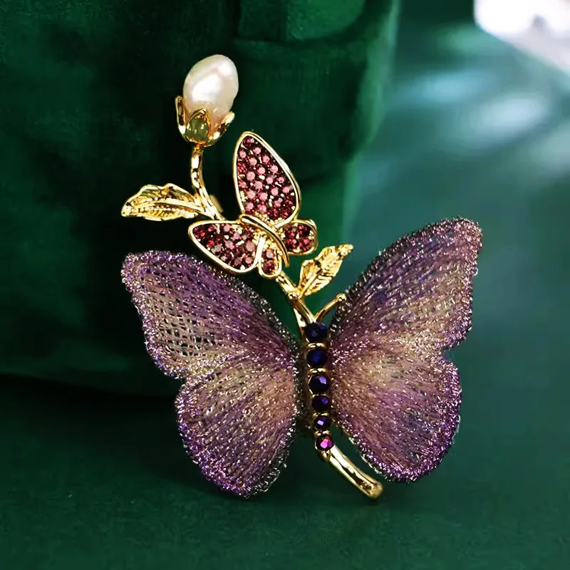 Ajojewel Exquisite Embroidery Blue Butterfly Brooch With Pearl Crystal Rhinestone Insect Jewelry Wholesale