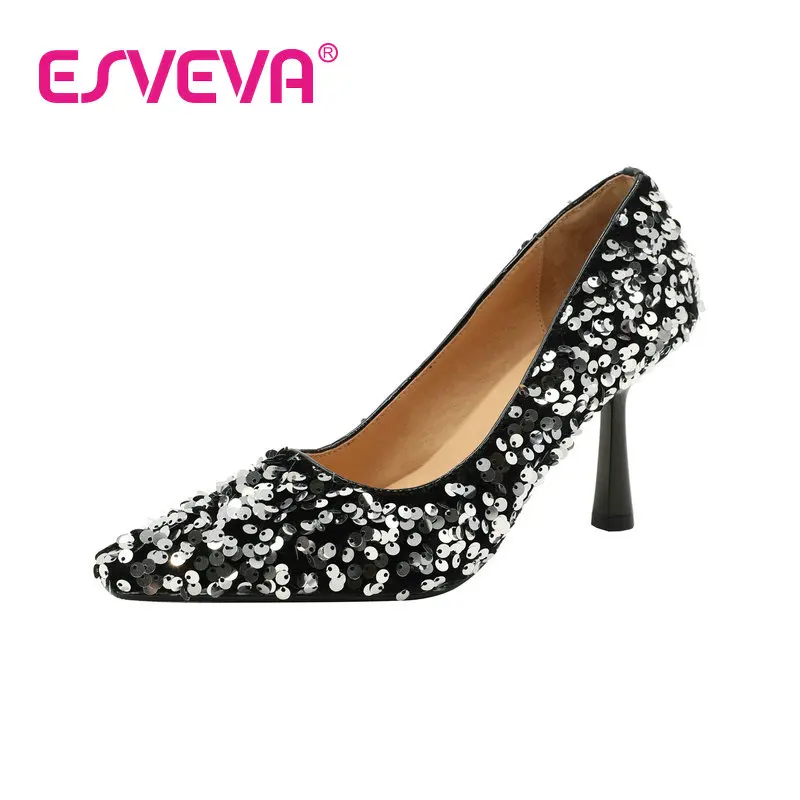 

ESVEVA 2023 Party Bling Flock All Match Women Pointed Toe Classic Style Slip On Thin High Heel Wedding Style Woman 34-39