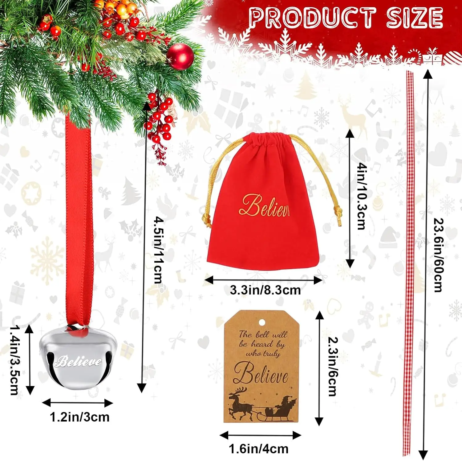 Christmas Believe Bell Ornaments, Polar Express Bell, Silver Sleigh Bell, Christmas Favors Bulk Tree Bell Decoration Holiday Treat Gifts for Kids & Adults - 96Pcs