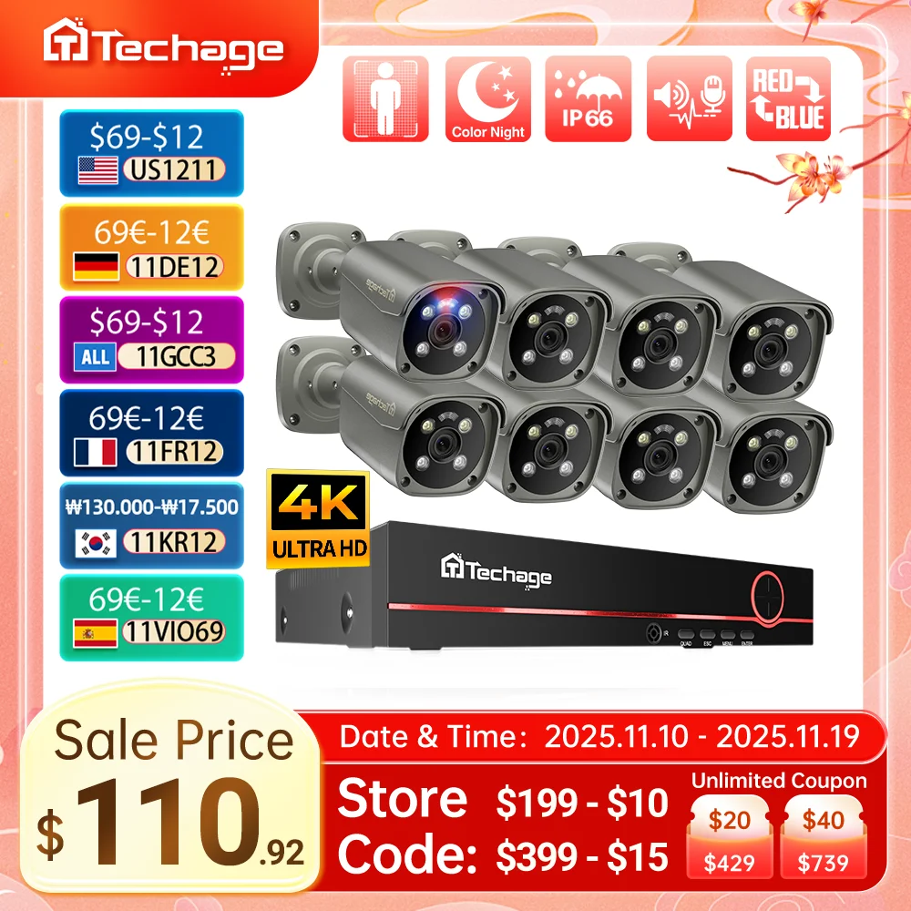 Techage H.265 8CH 5MP 8MP 4K POE نظام الكاميرا AI كامل اللون للرؤية الليلية كشف الوجه CCTV أطقم مراقبة أمن الفيديو