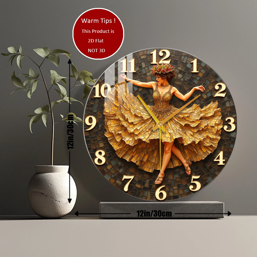 Tempered Glass Wall Clock Dancing Woman Mosaic Clock Dress Suitable For Wall Decor or Tabletop Display Anywhere