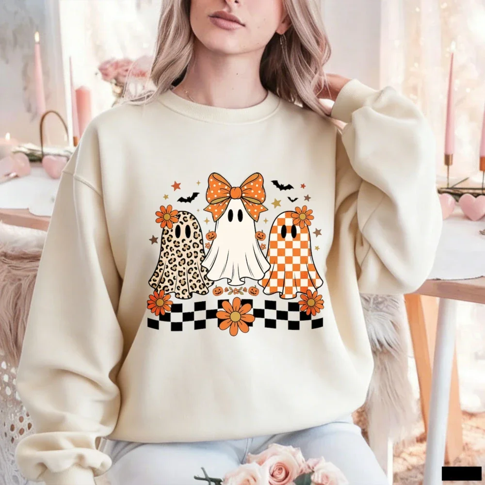 Retro Coquette Ghost Graphic Printed Crewneck Sweatshirt Hoody Checkered Bow Flower Bat Halloween Pullover Women Fall Casual Top