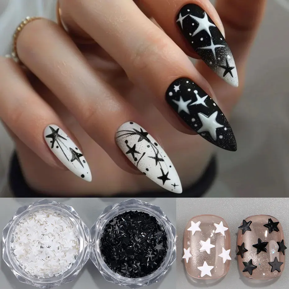 2/4 قطعة Y2K بريق ستار مسمار الترتر ثلاثية الأبعاد الساحرة أسود أبيض مسمار تقشر الكورية الذهبي فضي خمس نقاط StarDIY مسمار ديكور فني