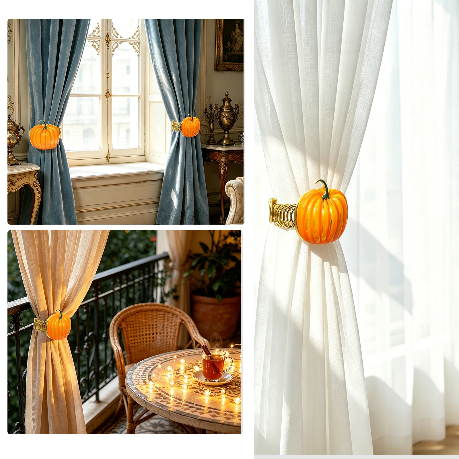 2PCS Fall Pumpkin Alloy Curtain Tiebacks No Drilling Spring Curtain Holder Dual Use Wrist Arm Band Thanksgiving Home Decor