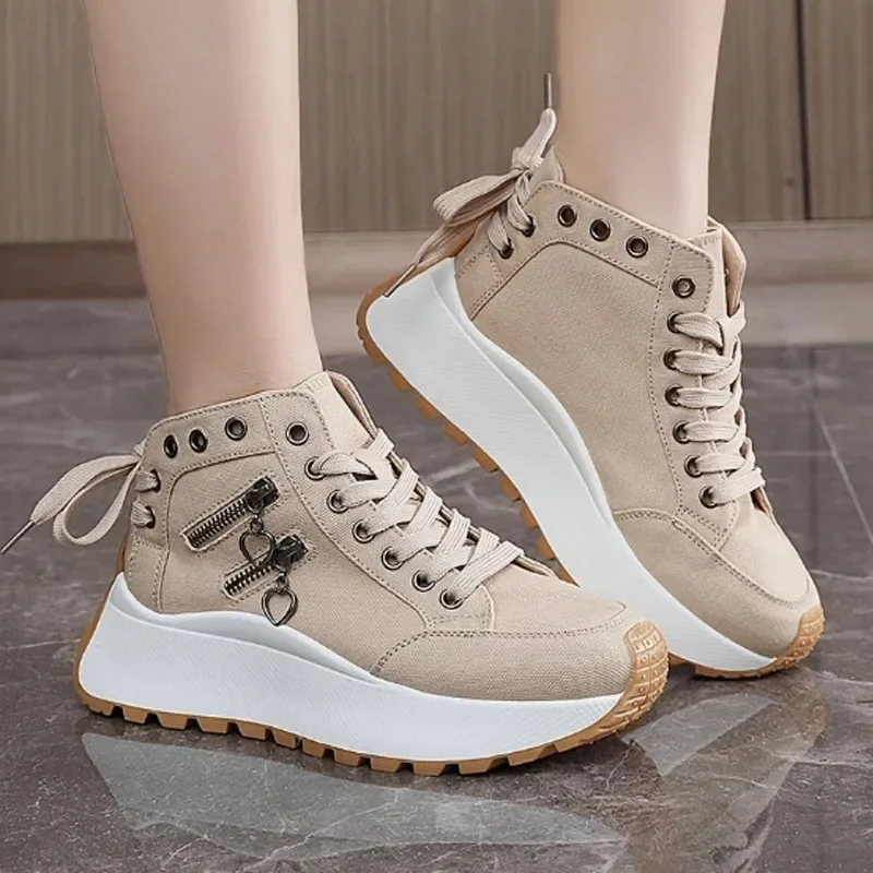 Fashion Platform Clunky Sneakers Women's Trendy Zipper Lace-up High-top Canvas Shoes Non-slip Thick-soled Casual Sports Shoes