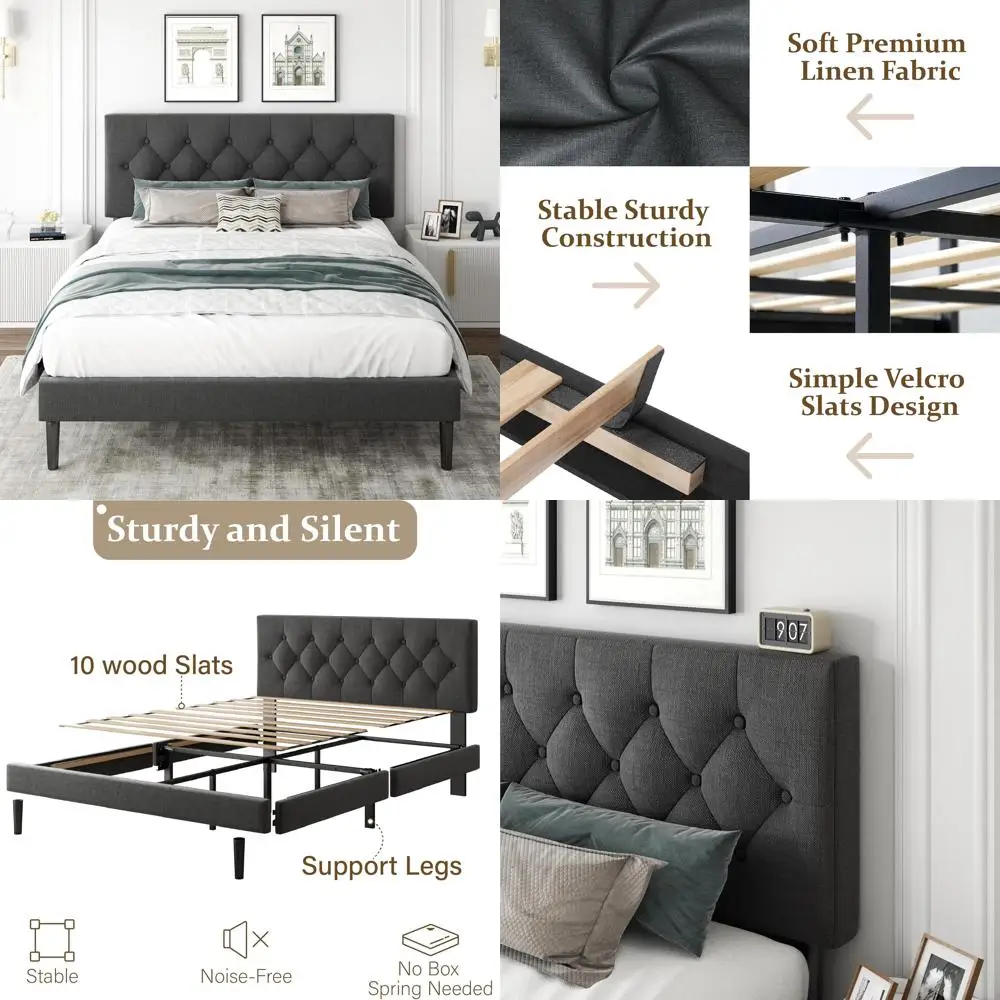 إطار سرير بمنصة اللوح الأمامي المنجد مع أزرار خصلة، دعم شرائح خشبية، لا يتطلب صندوق زنبركي، سهل التجميع