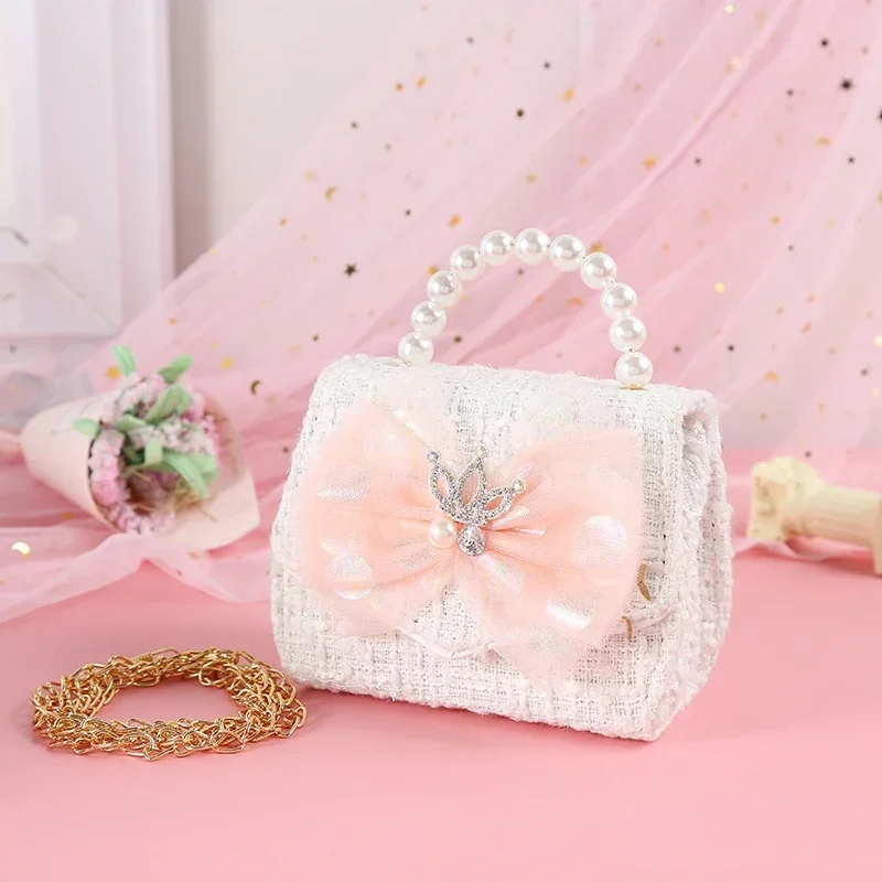 Pink Princess Crown Children Shoulder Bag Baby Girls Fashion Lace Bow Coin Purse Kids Crossbody Chain Handbag Toddler Girl Bags