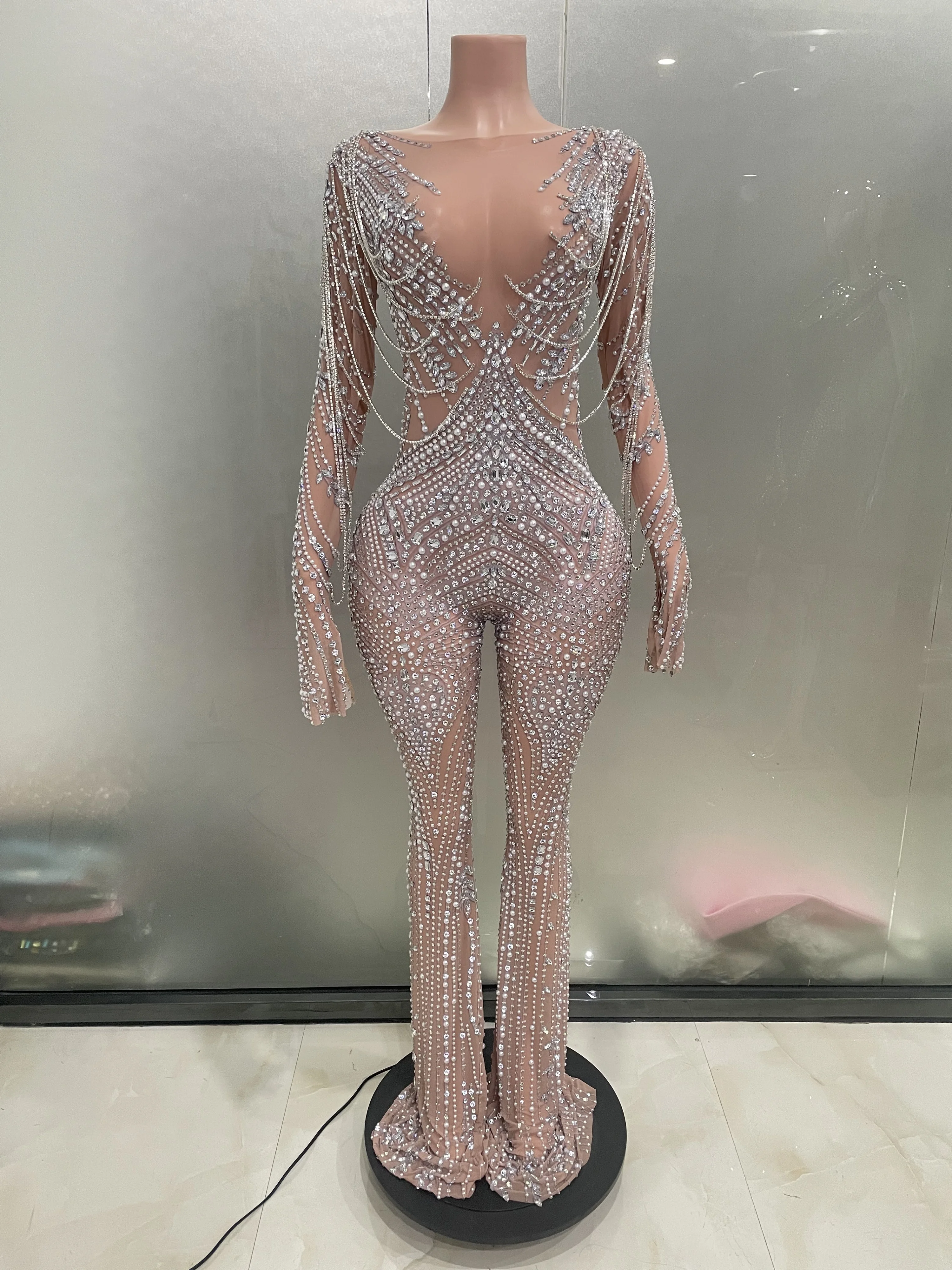 2025Luxury Rhinestones chain Sexy Long sleeve Sheath Jumpsuit Women Evening Party Nightclub Singer Dancer Stage Performance Wear