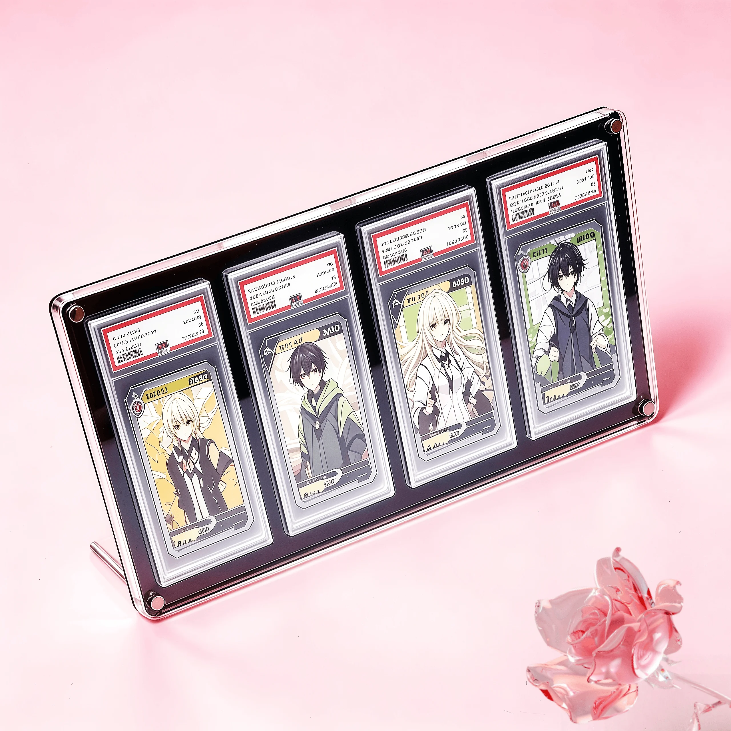 4-slot-clear-acrylic-graded-card-display-stand-black-card-holder-ptcg-pokemon-yu-gi-oh-graded-trading-cards-crystal-clear-edges