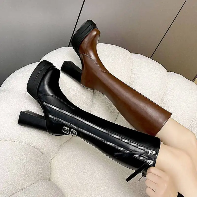

Women's Long Boots Soft Leather High Heel Chunky Blo Heel Square Toe over Knee High Riding Boots Faionable Boots