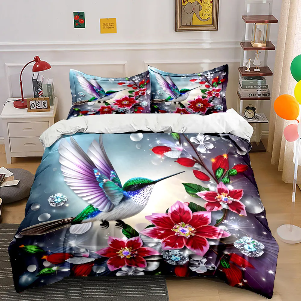 Artistic Hummingbird with Flowers Print Soft Comfortable Duvet Cover Bedding Set Included 1*Duvet Cover  2*Pillowcases