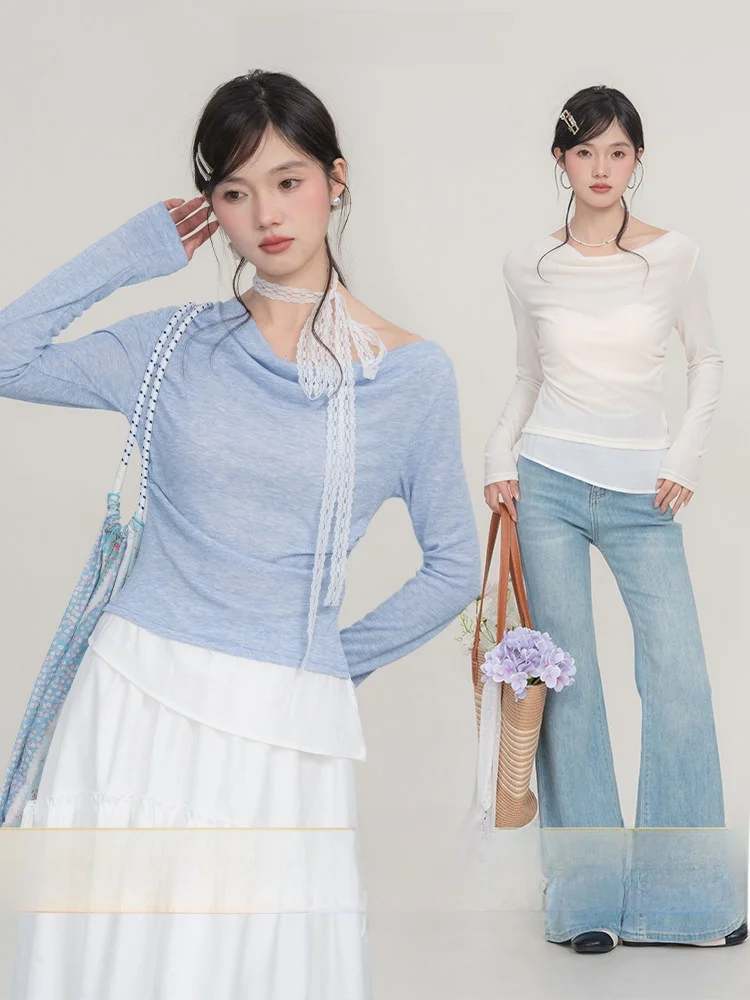 

Loveheynew Sweet Pure Long Sve Slim Fit Women's T-irt Spring New Sle Open Split Ne Design Comfortable Korean Sle Top