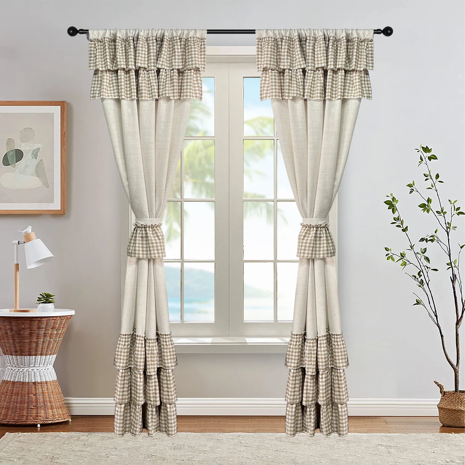 Vintage Imitation Linen Semi Sheer Curtains With Plaid Ruffle Farmhouse Curtains for Living Room, Bedroom Weaken The Light
