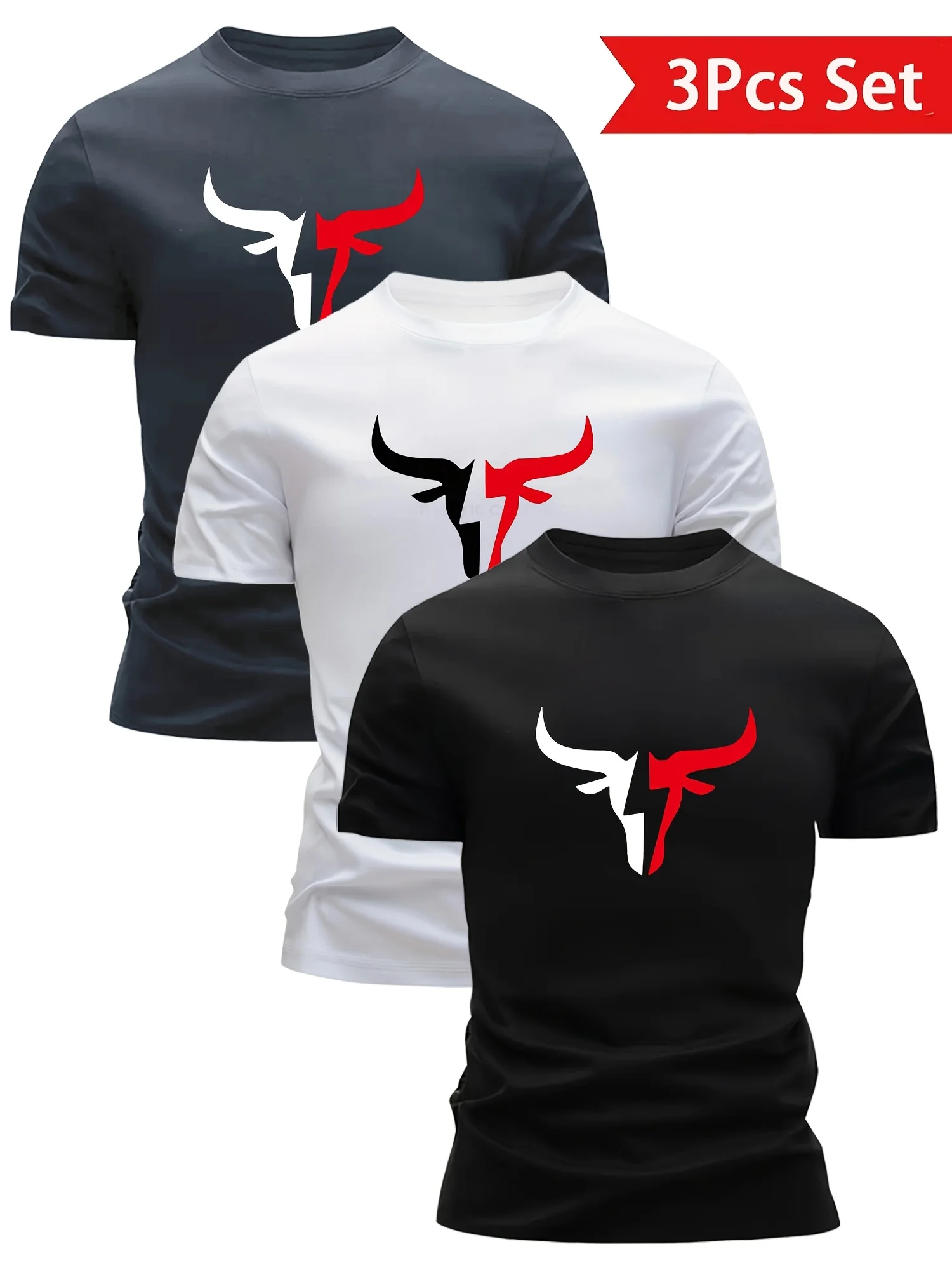 

3 pieces of men's pure cotton round-neck T-shirtswith bull-headpattern-quick-drying, breathable,moisture-wickingcasualsummertops