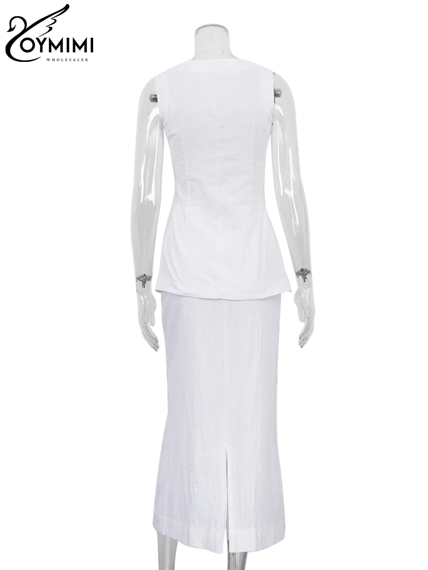 Oymimi-Jupe longue en coton blanc pour femme, ensemble 2 pièces, élégant, à la mode, haut avec taille haute, streetwear