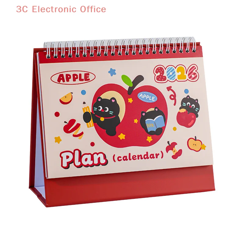 2026 Apple Kitten Calendário de mesa de desenho animado Planejador Decoração de mesa Organizador de papelaria escolar de escritório