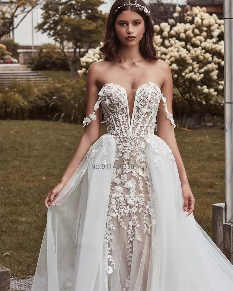 Customized Modest Sweetheart Neckline Wedding Dresses Off The Shoulder Lace Appliques Sweep Train Mermaid Bridal Gowns