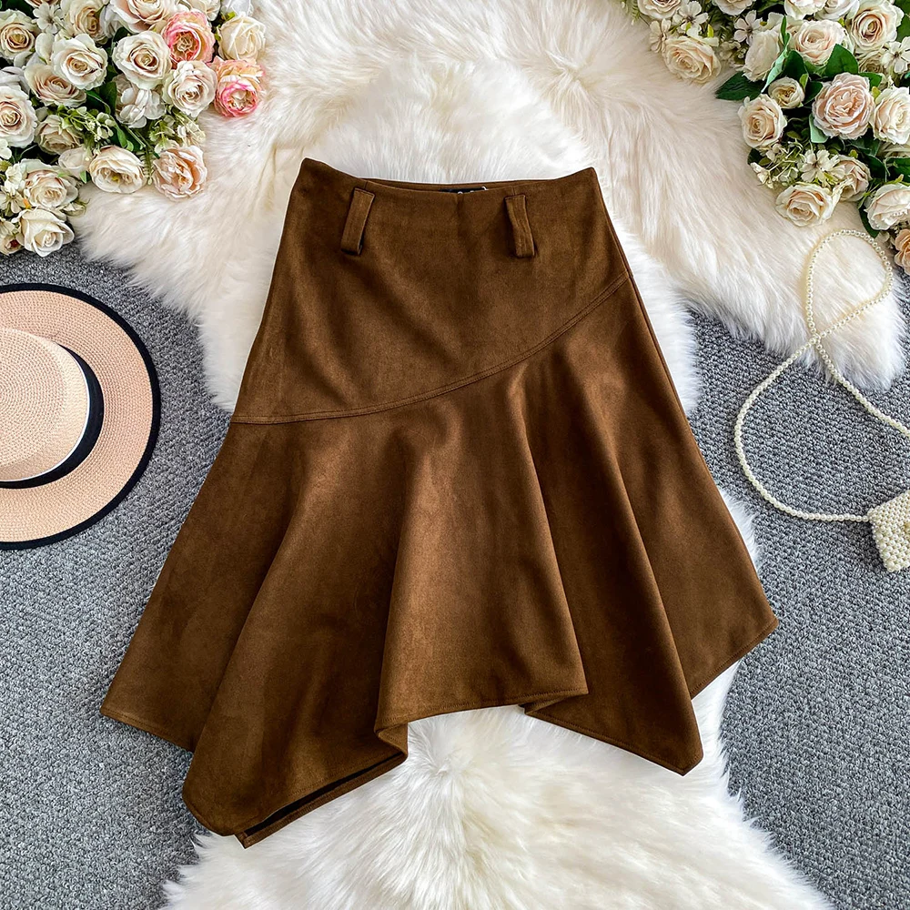 TWOTWINSTYLE Vintage Solid Suede Fabric Skirts For Women High Waist Autumn Temperament Irregular Ruffle Skirt Female KSK553267