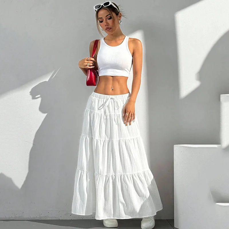 Summer Women White Long Skirt Solid Basic Lace Up Bow Low-Waisted Big Swing Skirts Female Street Casual Loose Spliced Maxi Dress