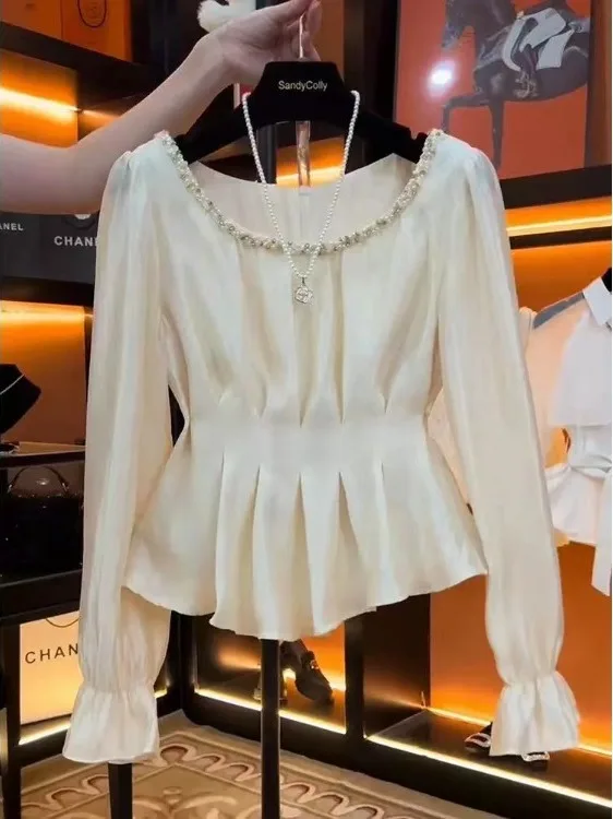 

plus Size Women's Shirt Spring Fashion Slimming Bell Sleeve Waist Cinched Elegant Style Long Sleeve Casual Wear for plus Size