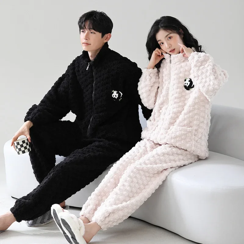 Panda Cute Coral Fleece Pajama Set for Couples Winter Warm Zipper Home Clothes Women and Men Matching Pijamas pyjama homme hiver