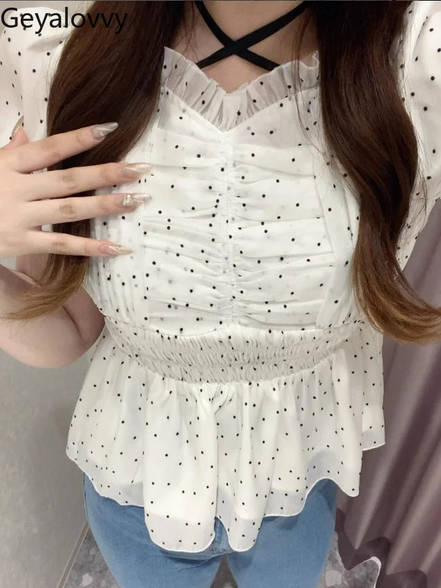 

Japanese Sweet Cute Girl Strap Bubble Short-sleeved Chiffon Shirt Summer New Big Ruffle Edge High-waisted Tops for Women
