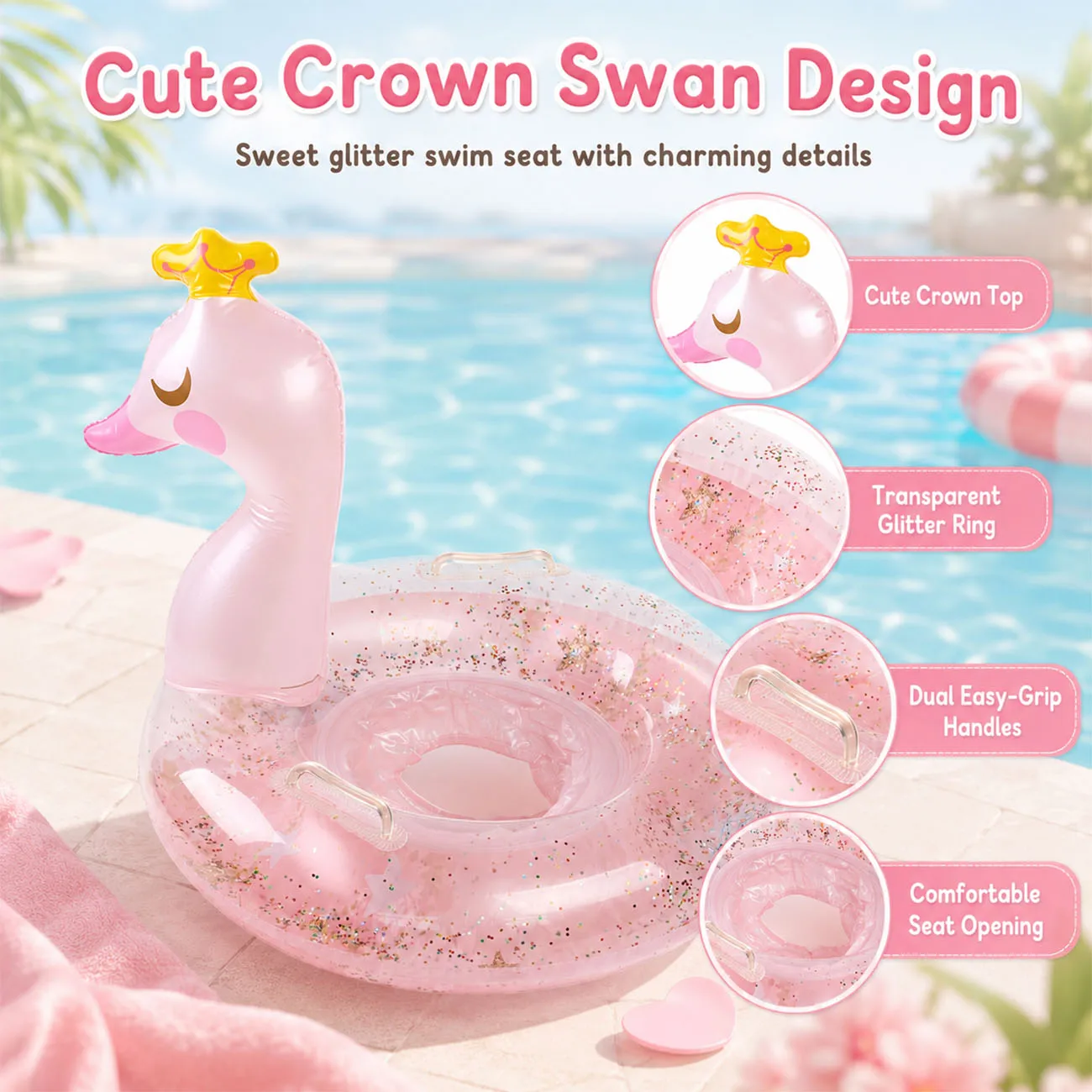 1PC Rainbow Unicorn Inflatable Pool Float Glitter Swim Ring with Handle Transparent Water Float for Pool Beach Summer